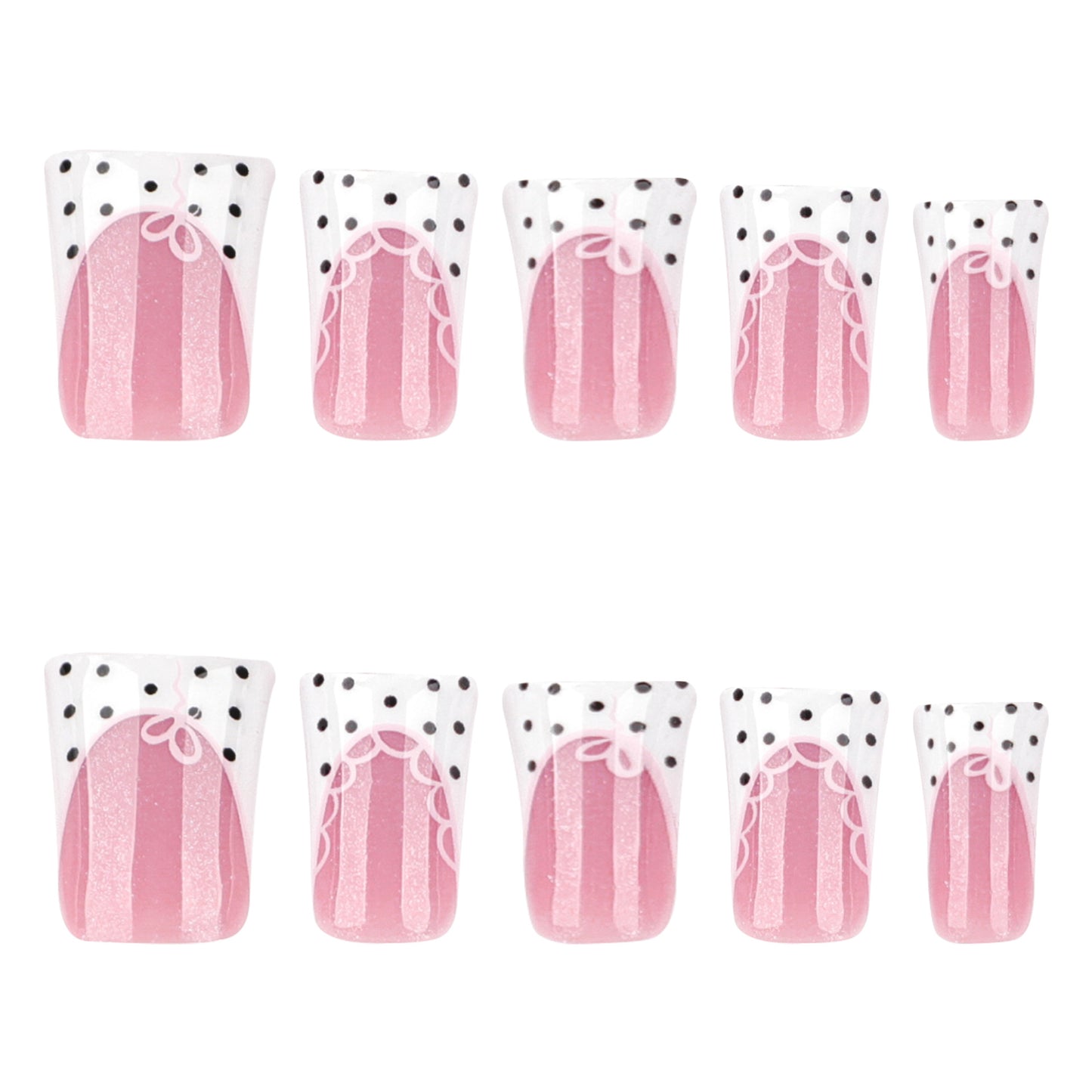 Chic Tea Party Elegant Long Duck Pink Press-On Nail Set with Playful Polka Dot and Ribbon Design