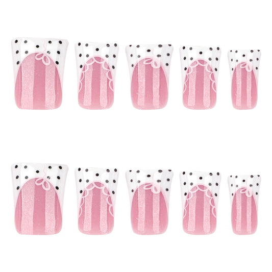Chic Tea Party Elegant Long Duck Pink Press-On Nail Set with Playful Polka Dot and Ribbon Design