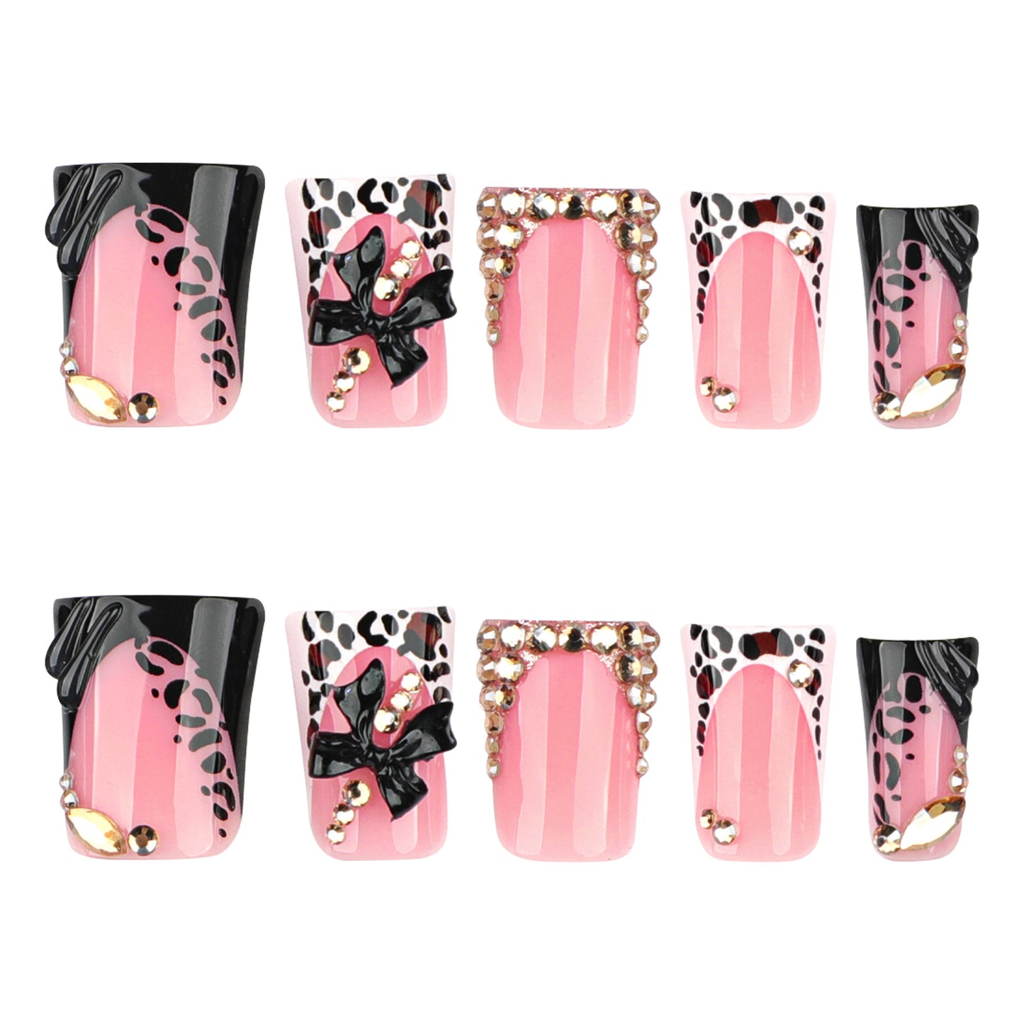 Glamorous Wildflower Press On Nail Set in Long Length Bold Duck Shape Luxurious Pink and Black with Jewel Accents