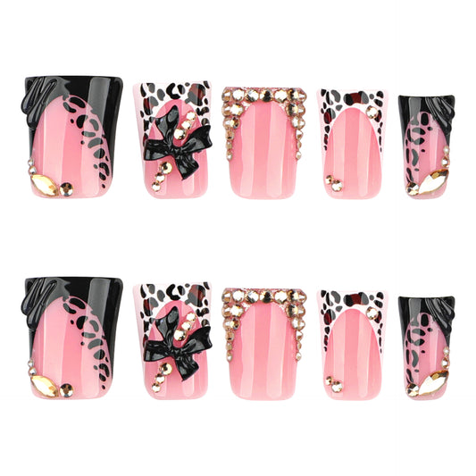 Glamorous Wildflower Press On Nail Set in Long Length Bold Duck Shape Luxurious Pink and Black with Jewel Accents