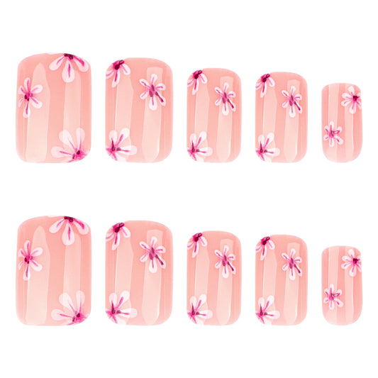 Blossom Garden Classic Short Square Pink Floral Press On Nail Set