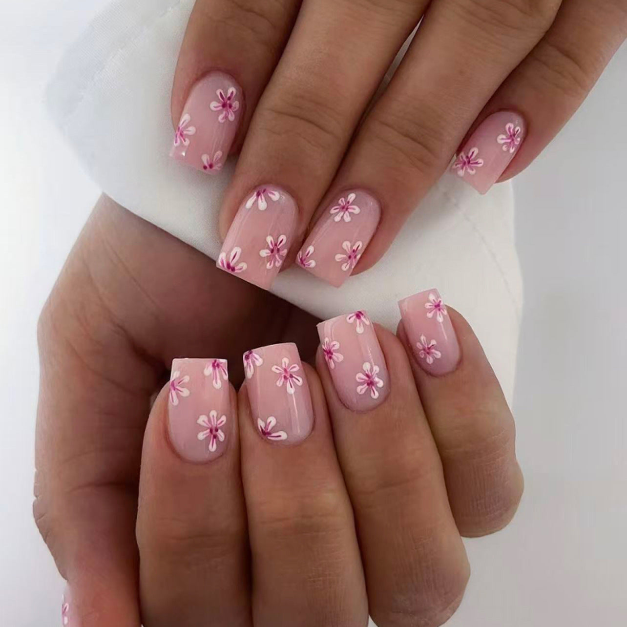 Floral Dream Press on Nails Short Square Blush Pink with Delicate Flower Design