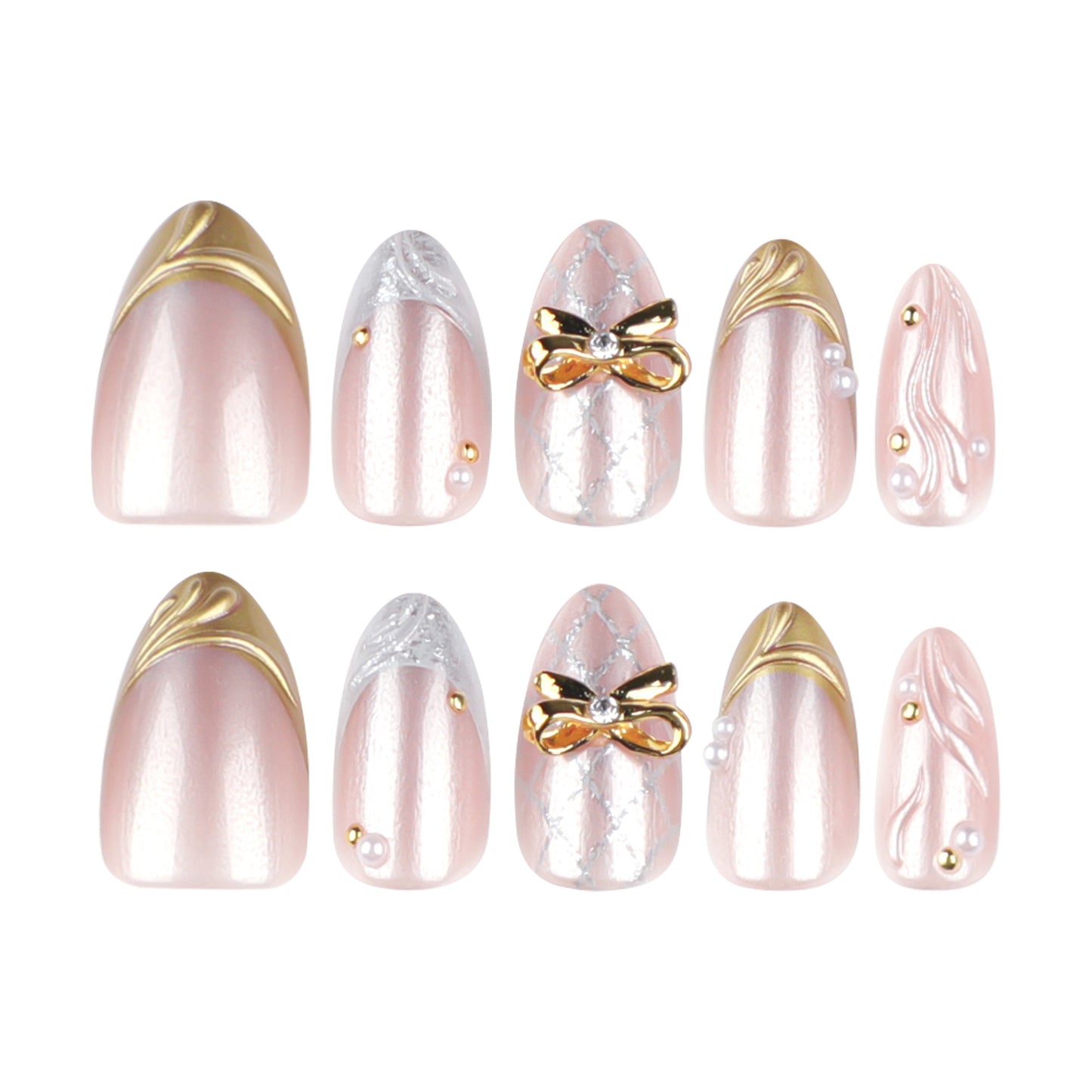 Chic Elegance Press on Nail Set Medium Almond Shape Soft Pink Color Featuring Gorgeous Metallic Accents and Stunning Embellishments