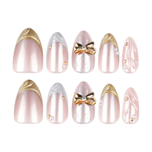 Chic Elegance Press on Nail Set Medium Almond Shape Soft Pink Color Featuring Gorgeous Metallic Accents and Stunning Embellishments
