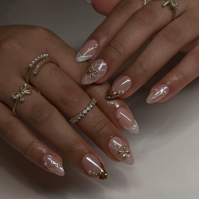 Elegant Floral Fantasy Medium Almond Beige and White Press-On Nail Set with Glittering Pearl and Gold Accents