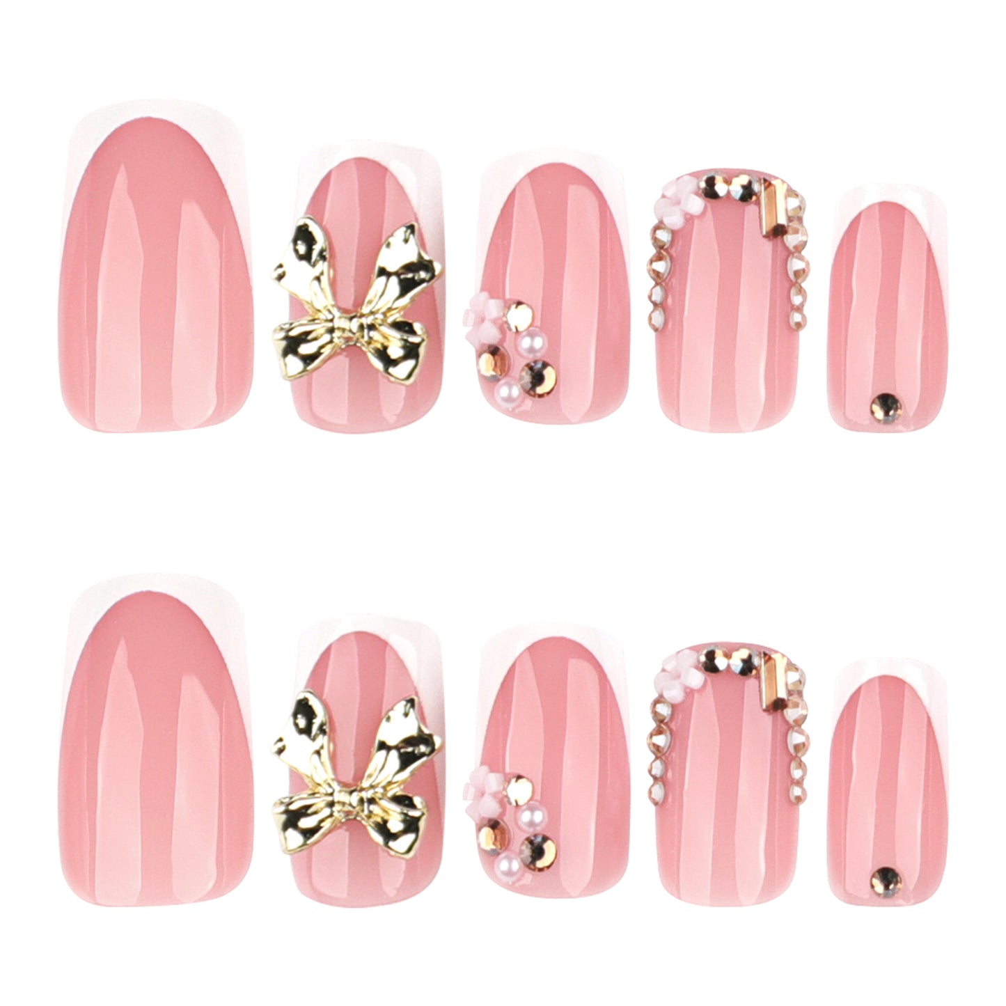 Chic Elegance Medium Square Blush Pink Press on Nail Set with Intricate Bow and Gem Accents