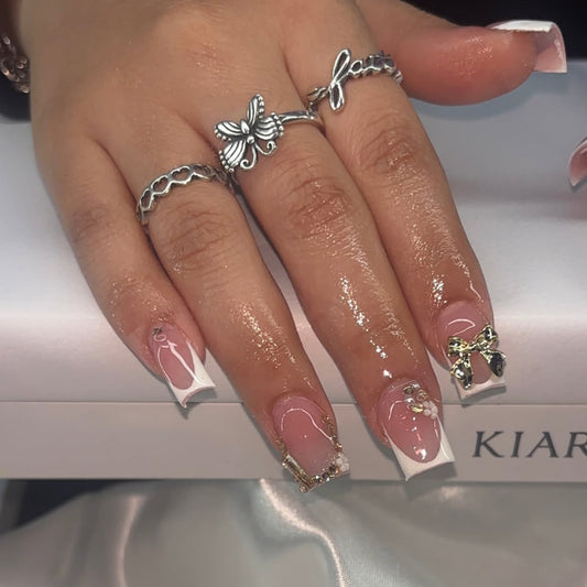 Enchanting Elegance Medium Square Pink with Rhinestone and Bow Accents Press On Nail Set