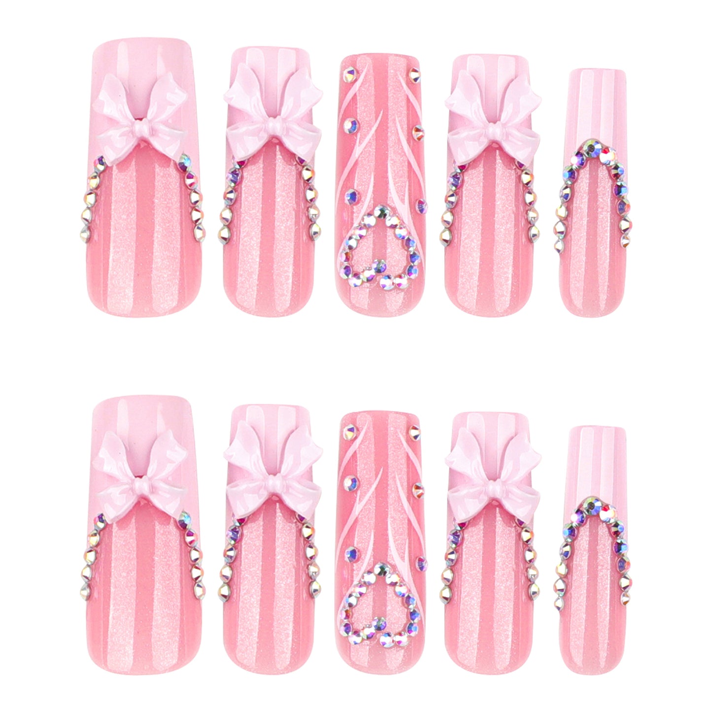 Enchanting Pink Dream Long Square Shaped Glimmering Pink Nails with Charming Ribbons and Sparkling Gems