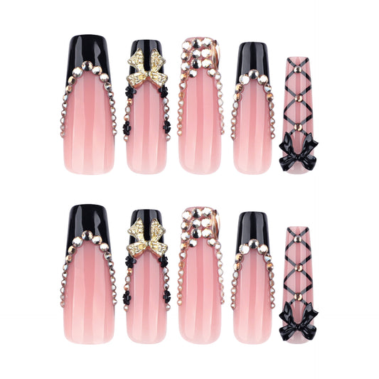Chic Elegance Long Square Pink Ombre Press On Nail Set with Glamorous Jewel and Bow Accents