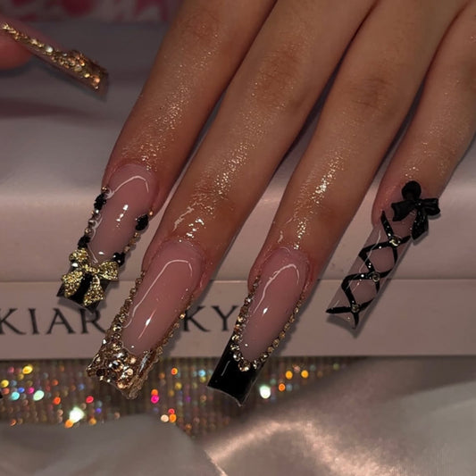 Glamorous Elegance Long Square Black and Beige Press on Nail Set with Stunning Rhinestone and Bow Details