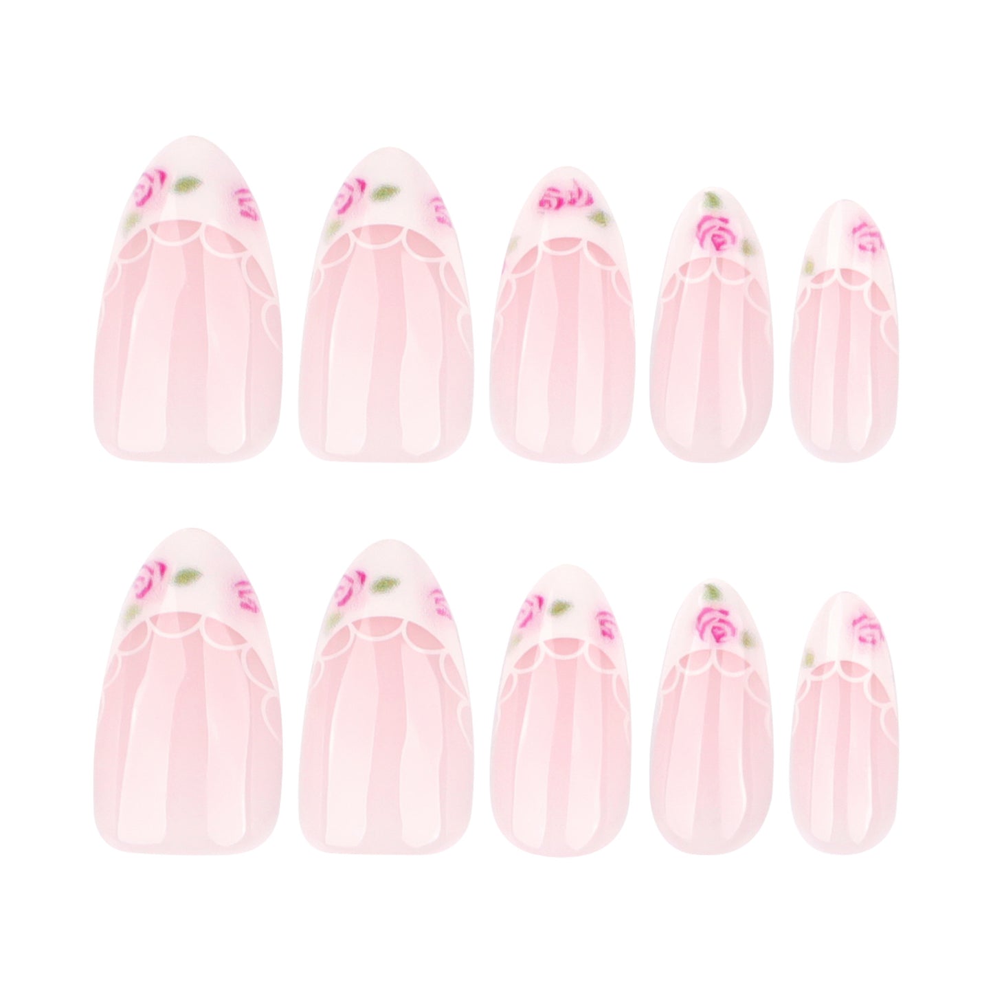 Whimsical Floral Elegance Medium Almond Pink Press-On Nail Set with Delicate Rose Design
