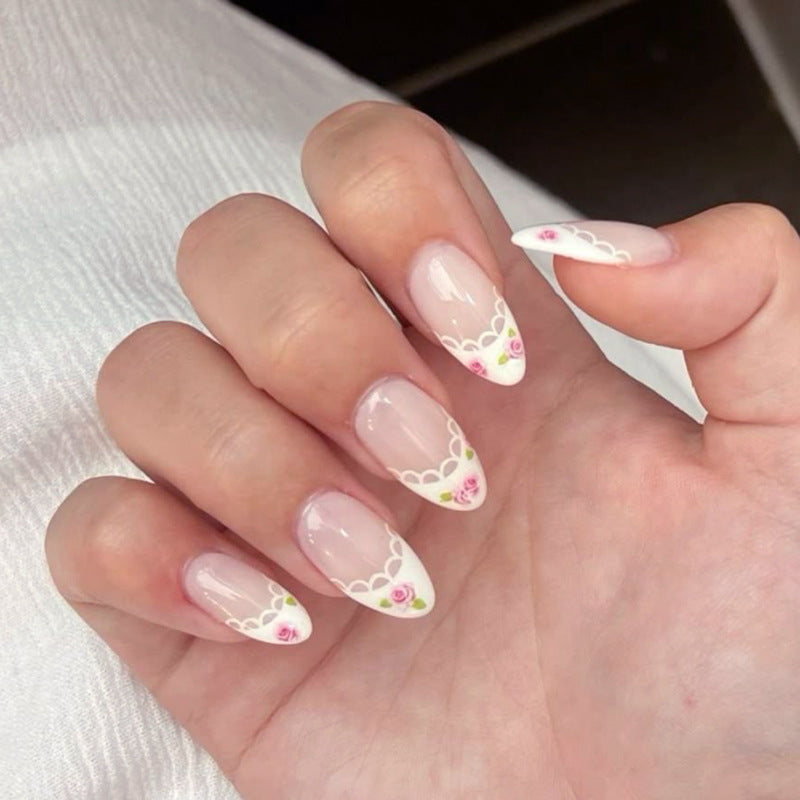 Whimsical Gardeness Medium Almond White with Floral Tip Design Press On Nail Set