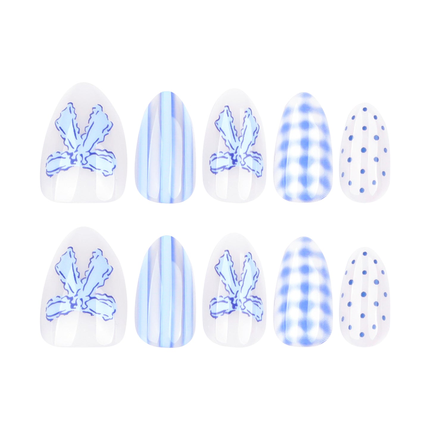 Serene Summer Vibes Medium Almond Shape Blue Floral and Striped Press On Nail Set