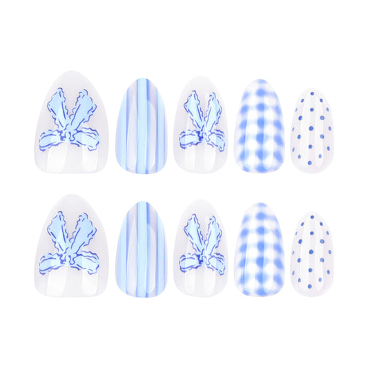 Serene Summer Vibes Medium Almond Shape Blue Floral and Striped Press On Nail Set