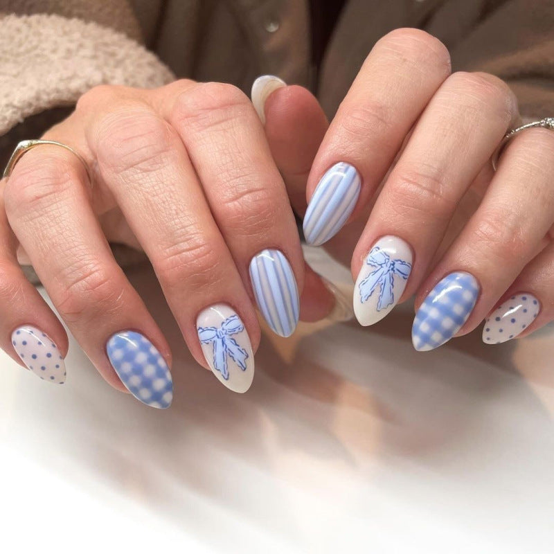 Charming Blue Dream Medium Almond-Shaped Press-On Nail Set with Polka Dots and Ribbons