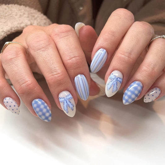Charming Blue Dream Medium Almond-Shaped Press-On Nail Set with Polka Dots and Ribbons