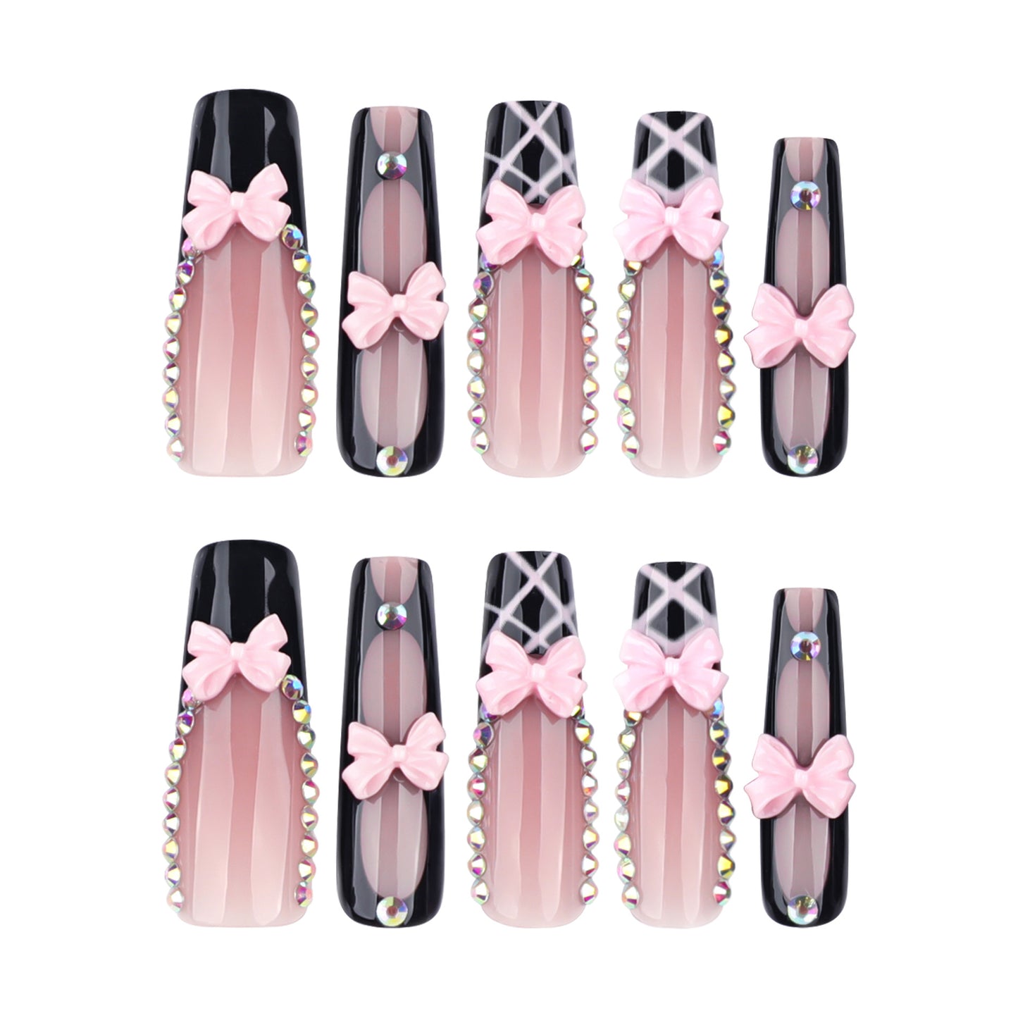 Enchanting Elegance Long Square Black and Pink with Sweet Bow Accents and Dazzling Rhinestones Press On Nail Set