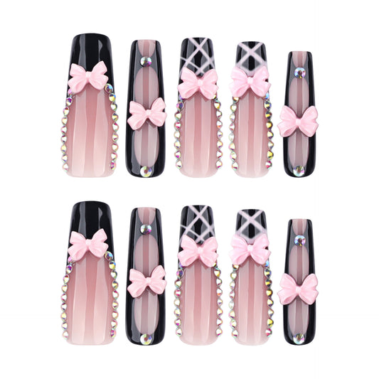 Enchanting Elegance Long Square Black and Pink with Sweet Bow Accents and Dazzling Rhinestones Press On Nail Set