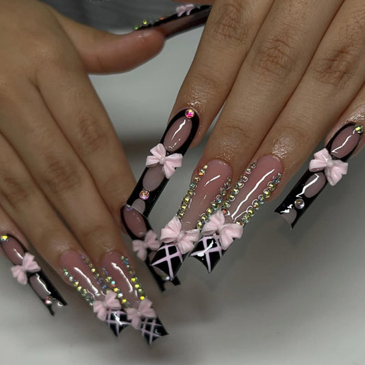 Chic Elegance Long Square Black and Pink Press On Nails with Bow and Rhinestone Accents