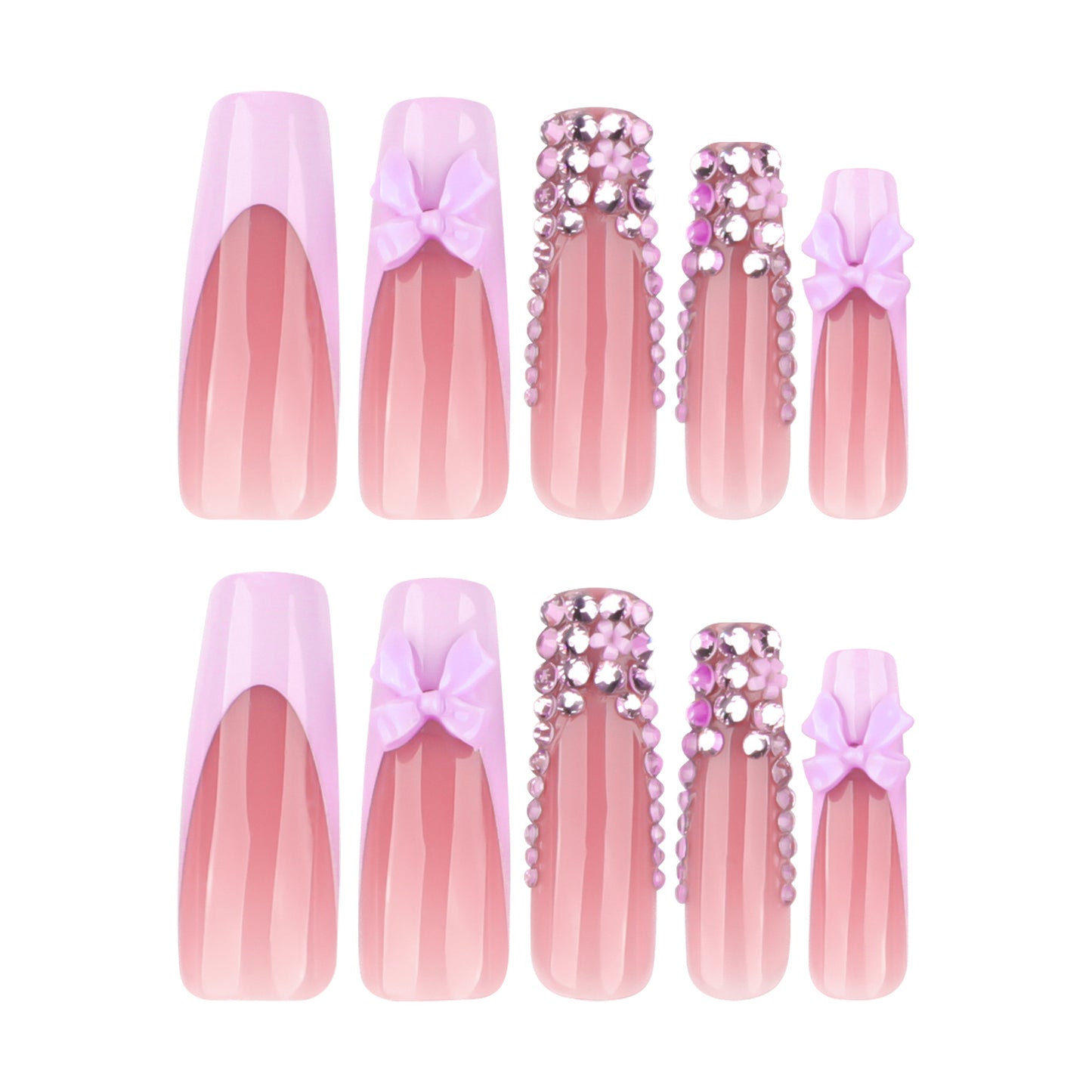 Charming Elegance Long Square Pink Nails with Bows and Rhinestones