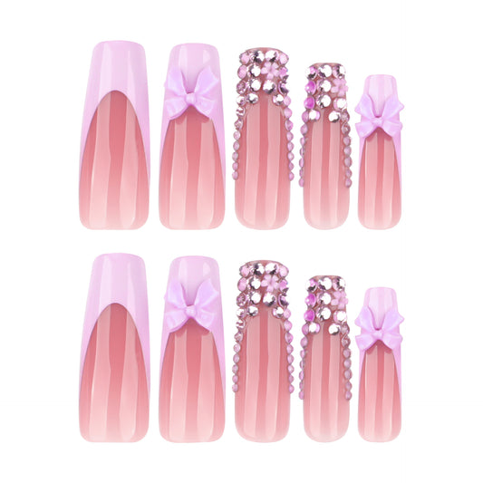 Charming Elegance Long Square Pink Nails with Bows and Rhinestones