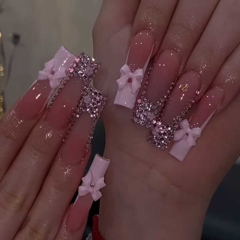 Elegant Floral Dream Long Square Pink with Sparkling Rhinestones and Charming Bow Accents Press On Nail Set