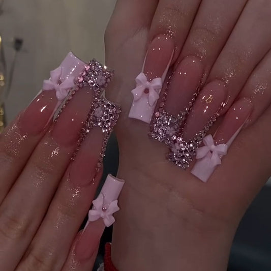Elegant Floral Dream Long Square Pink with Sparkling Rhinestones and Charming Bow Accents Press On Nail Set