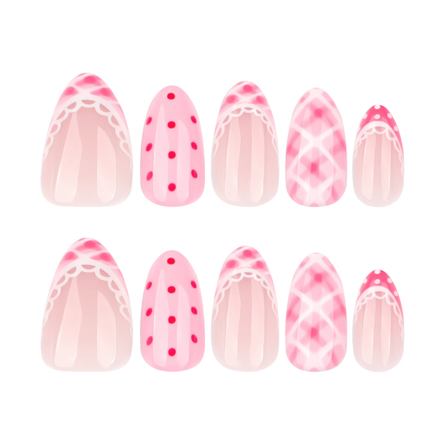 Whimsical Pink Medium Almond Shaped Glossy Press On Nail Set Featuring Charming Polka Dots and Delicate Lace Designs