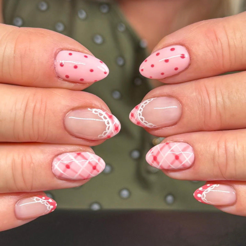 Charming Garden Dream Press On Nail Set in Medium Almond Pink with Playful Patterns and Elegant Lace Accents