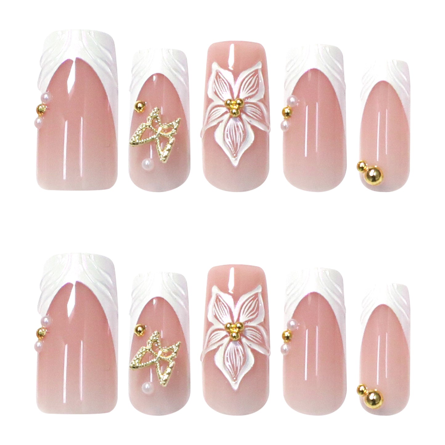 Elegant Blossom Long Square Pink with Floral Design and Golden Accents Press-On Nail Set
