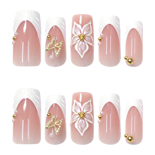 Elegant Blossom Long Square Pink with Floral Design and Golden Accents Press-On Nail Set