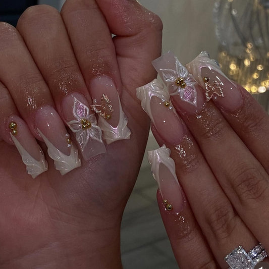 Ethereal Elegance Long Square Soft Pink with Floral Design and Shimmering Gold Accents Press On Nail Set