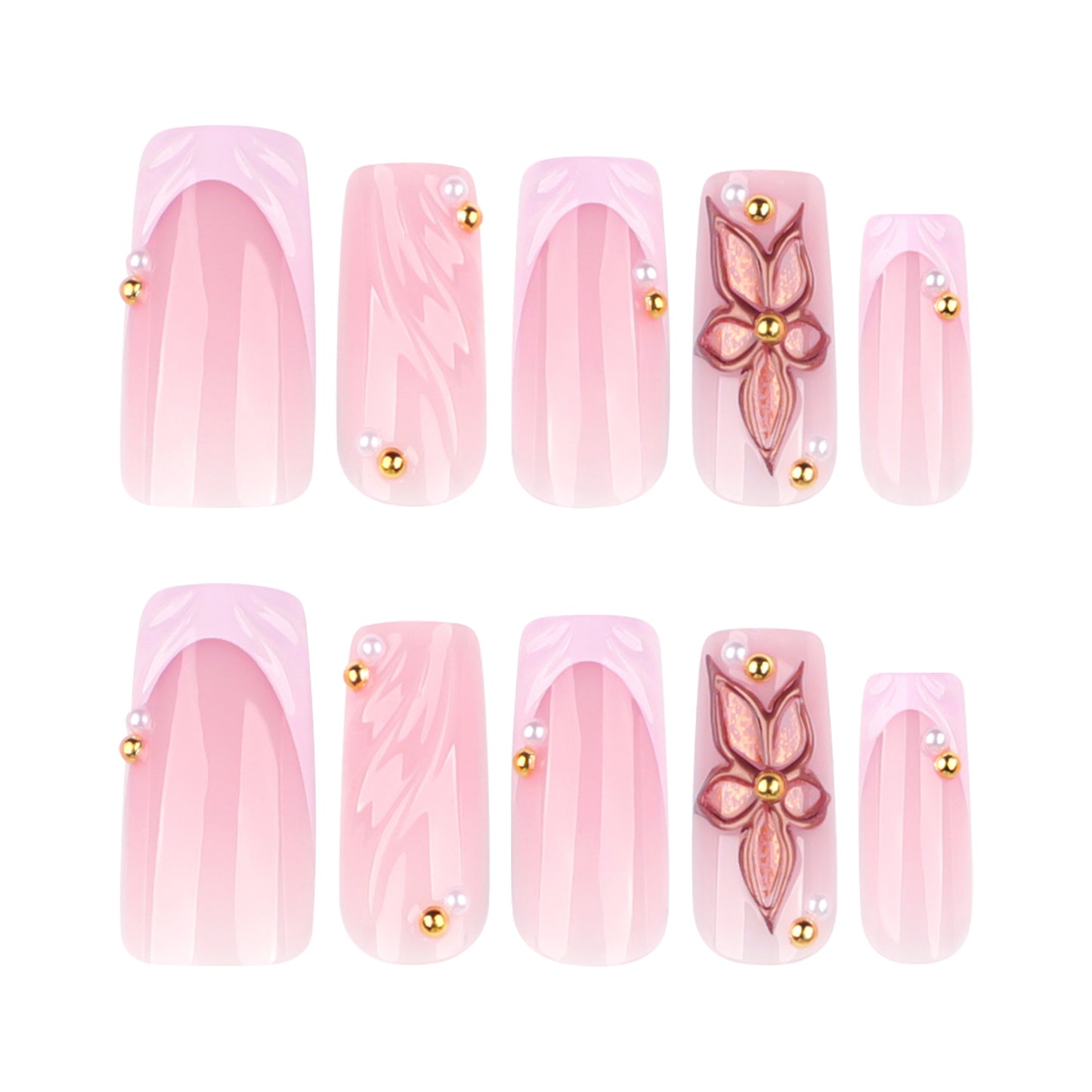 Whimsical Garden Long Square Pink Press On Nail Set with Floral Accents and Glamorous Pearls