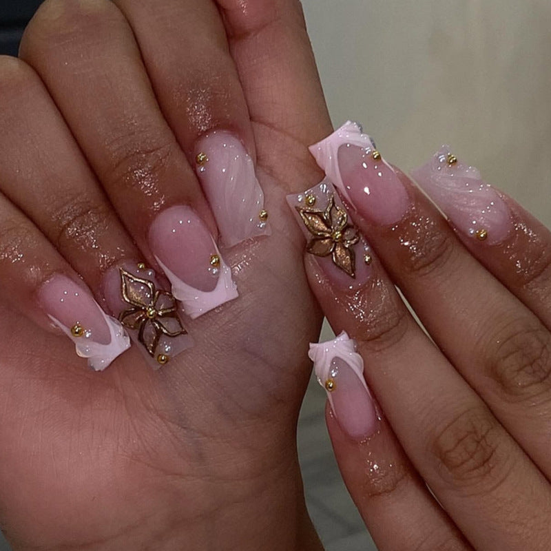 Mystical Garden Long Square Pink with Elegant Floral Accents and Gold Studs Press-On Nail Set