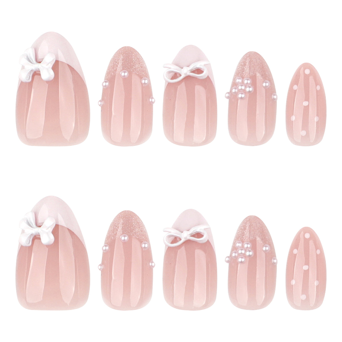 Chic Pink Serenity Medium Almond Shape with Charming Bow Accents Press On Nail Set