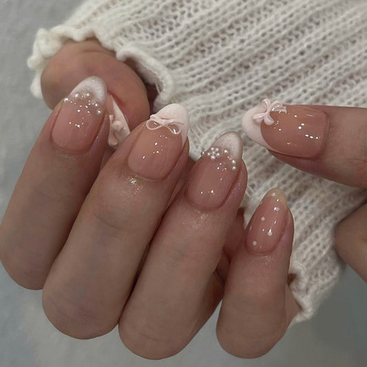 Delicate Blush Medium Almond Pearl Accents Press On Nail Set