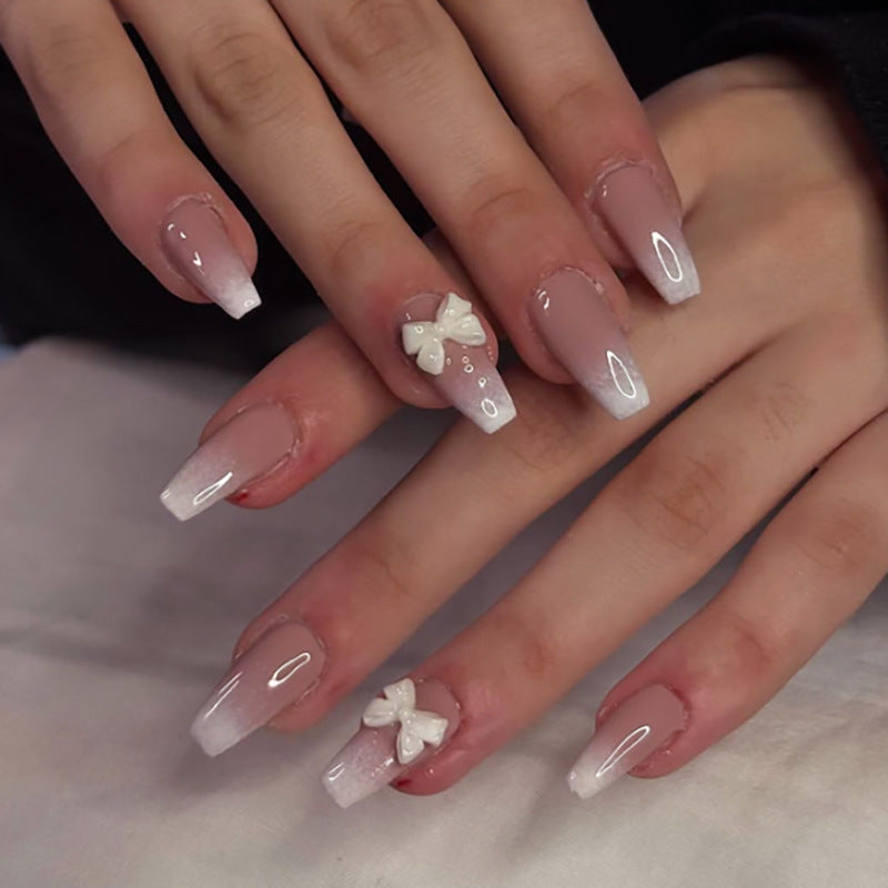 Whimsical Elegance Long Coffin Ombre Beige with Charming Floral Accents Press on Nail Set
