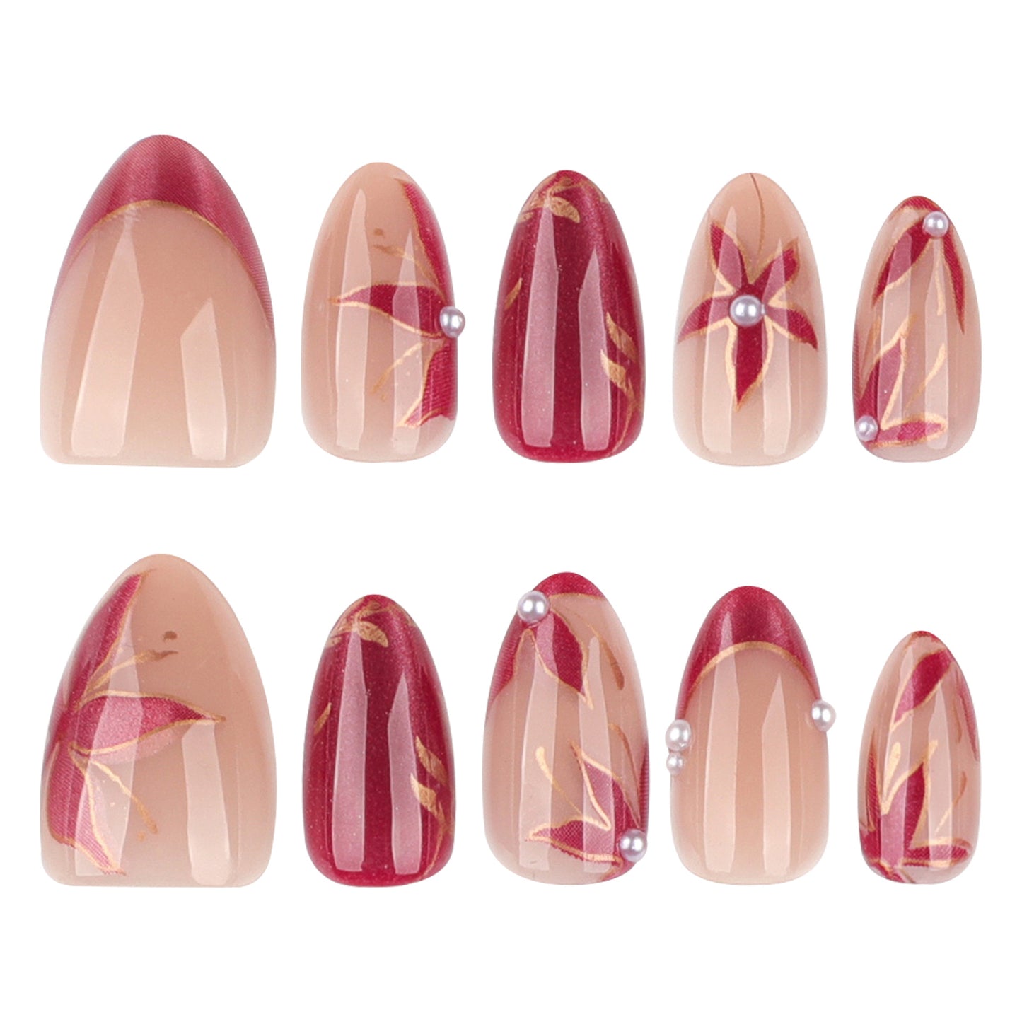 Autumn Elegance Charming Medium Almond and Square Deep Red and Soft Beige with Floral Accents and Pearls Press on Nail Set
