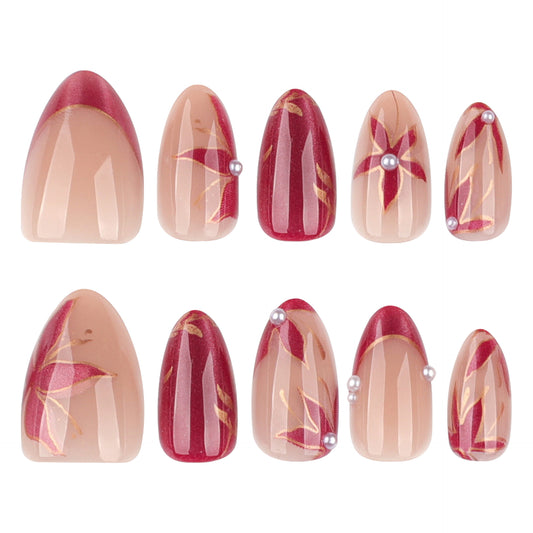 Autumn Elegance Charming Medium Almond and Square Deep Red and Soft Beige with Floral Accents and Pearls Press on Nail Set