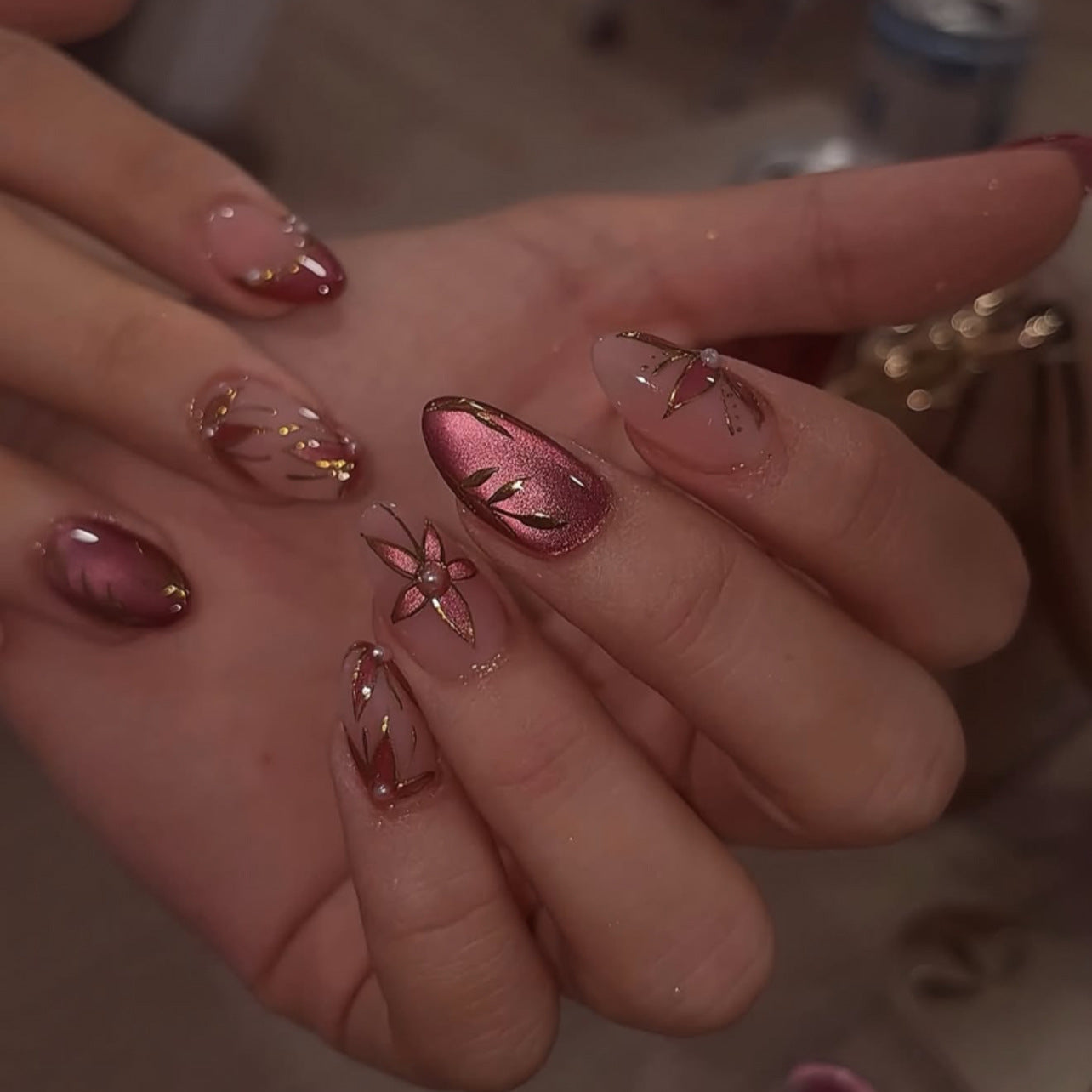 Blooming Elegance Long Almond Pink Ombre with Floral Accents and Gold Detailing Press-On Nail Set