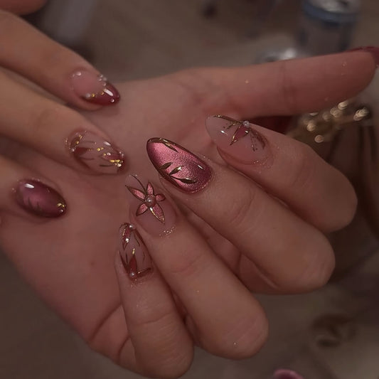 Blooming Elegance Long Almond Pink Ombre with Floral Accents and Gold Detailing Press-On Nail Set