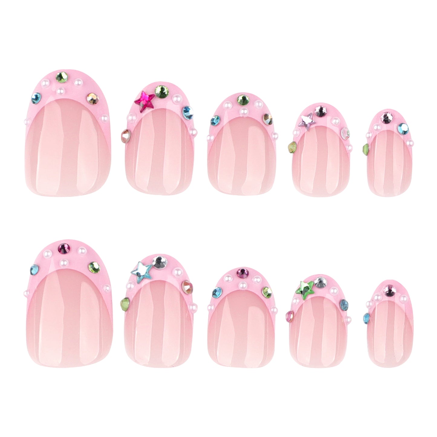 Whimsical Pink Short Round Chic Jewel Accents Press On Nail Set