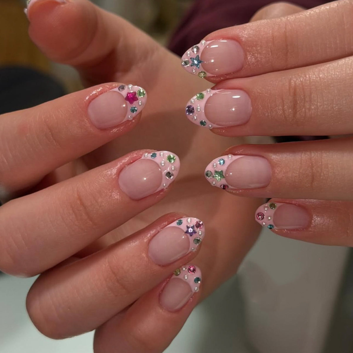 Glamorous Fairytale Short Almond Pink with Sparkling Gem Accents Press On Nail Set