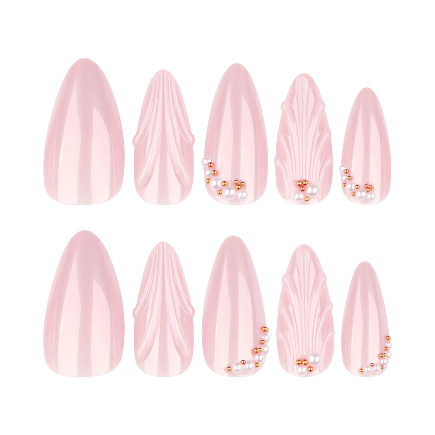 Blush Elegance Press-On Nail Set Long Almond Shape Soft Pink with Textured Design and Pearl Accents