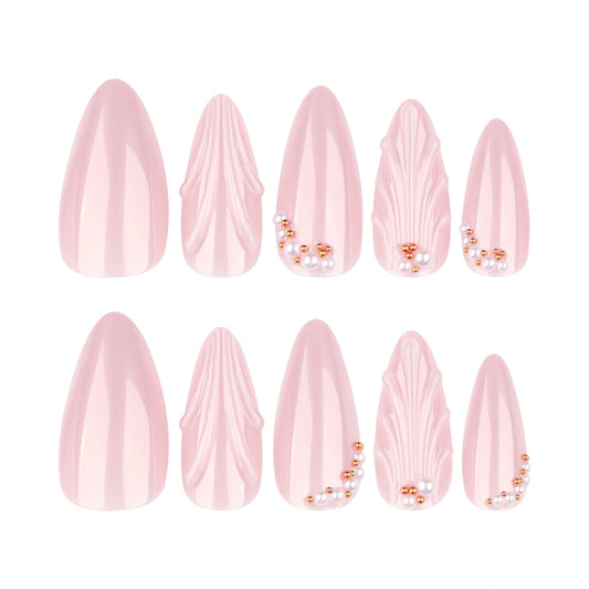 Blush Elegance Press-On Nail Set Long Almond Shape Soft Pink with Textured Design and Pearl Accents