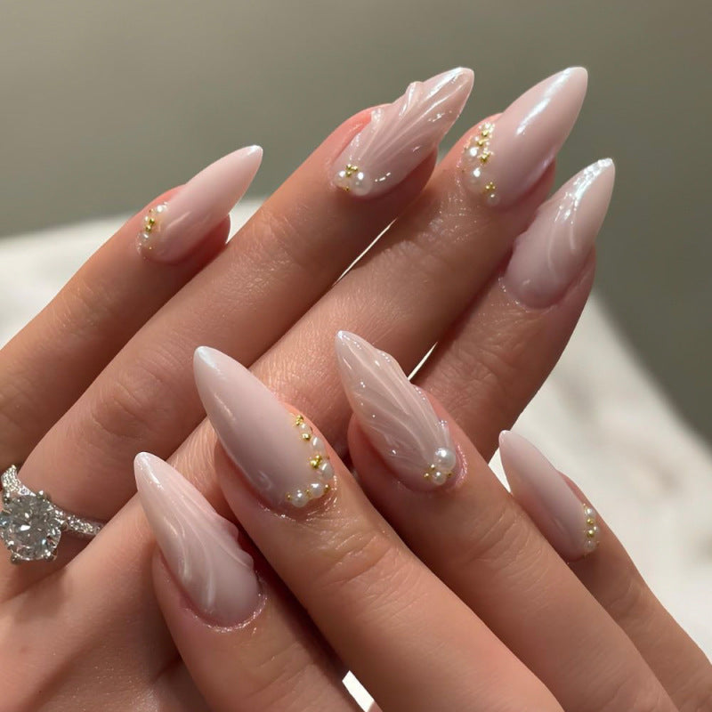 Celestial Grace Long Almond Pink Nails with Elegant Pearl Accents