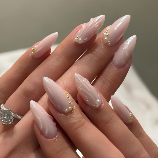 Celestial Grace Long Almond Pink Nails with Elegant Pearl Accents