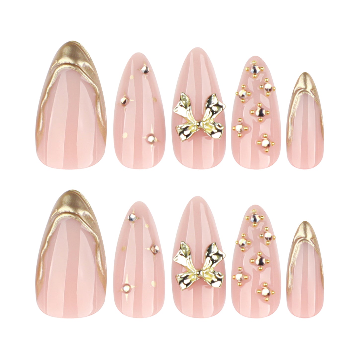 Charming Elegance Press On Nail Set Long Almond Light Pink with Gold Accents and Decorative Bows