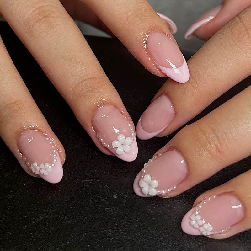 Whimsical Blooming Elegance Medium Almond Pink with Delicate Floral Accents Press On Nail Set