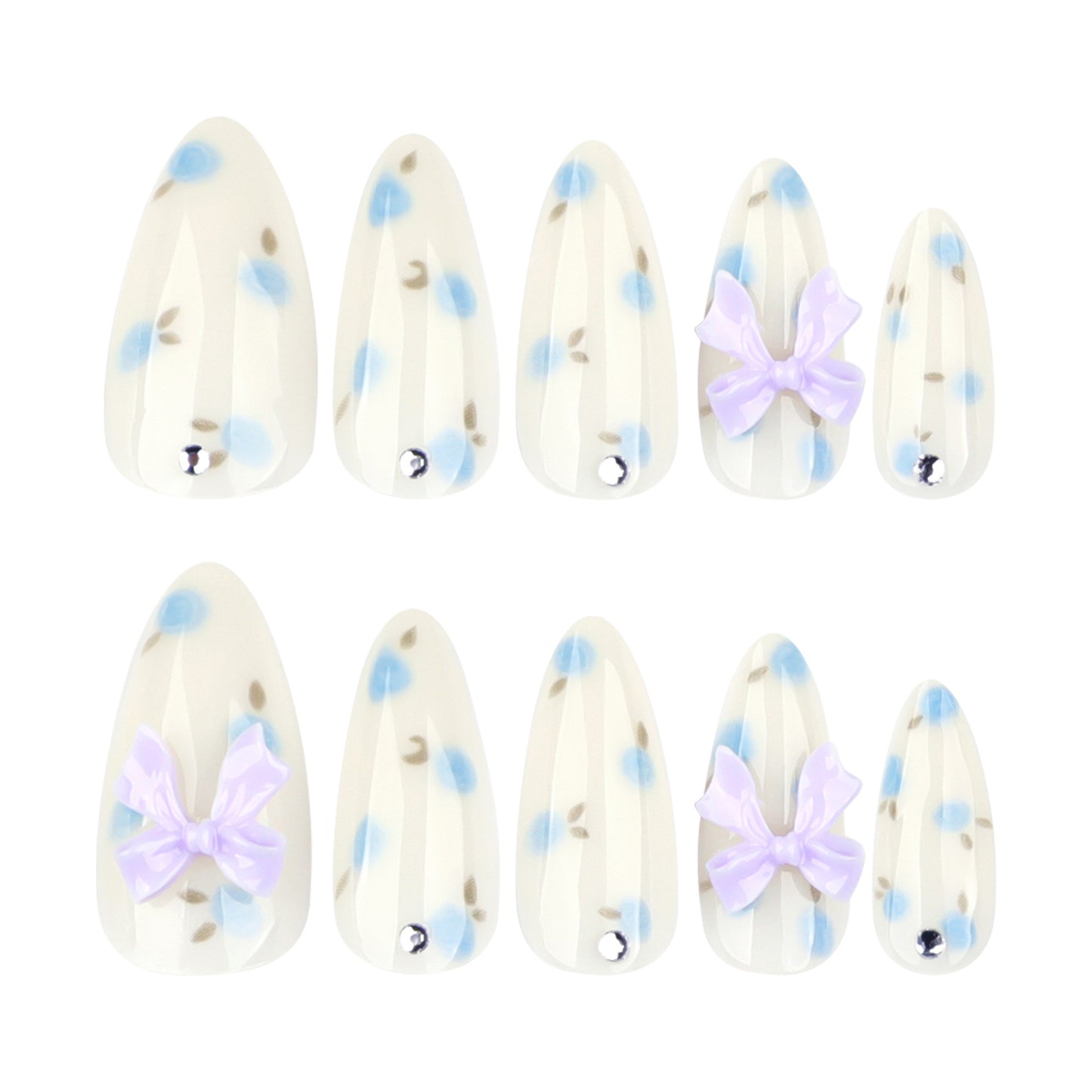 Charming Blossom Inspired Press On Nail Set Long Almond Shape Soft White with Blue Floral Design and Adorable Bow Accents